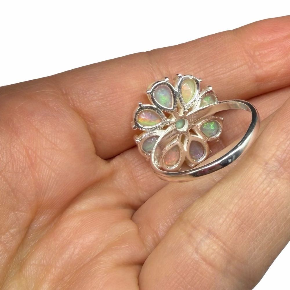 Ethiopian Fire Opal Flower Ring Solid 925 Sterling Silver Size 10 - Picture 9 of 10